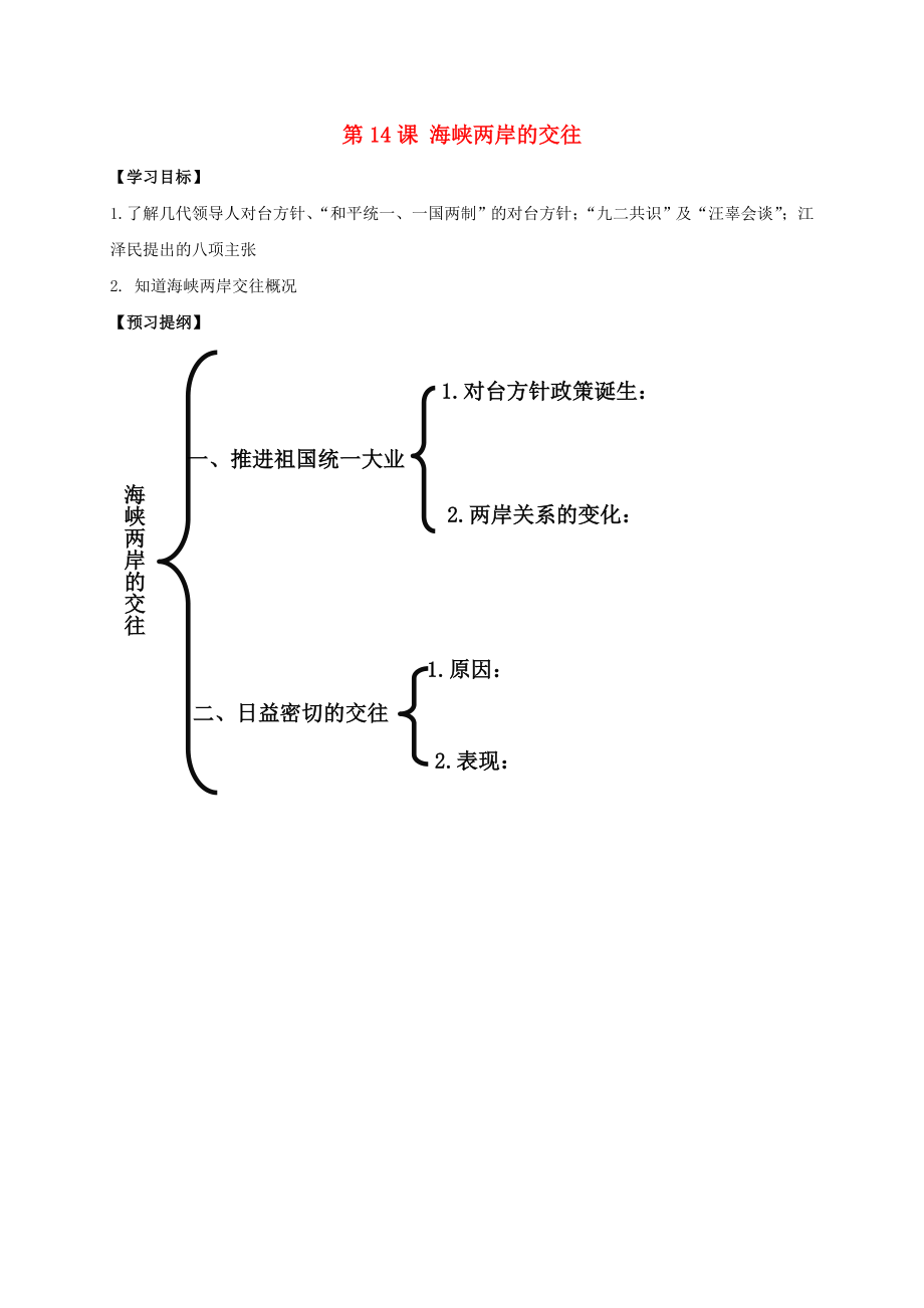 江蘇省南通市如皋市白蒲鎮(zhèn)八年級歷史下冊 第4單元 民族團結(jié)與祖國統(tǒng)一 第14課 海峽兩岸的交往提綱 新人教版（通用）_第1頁