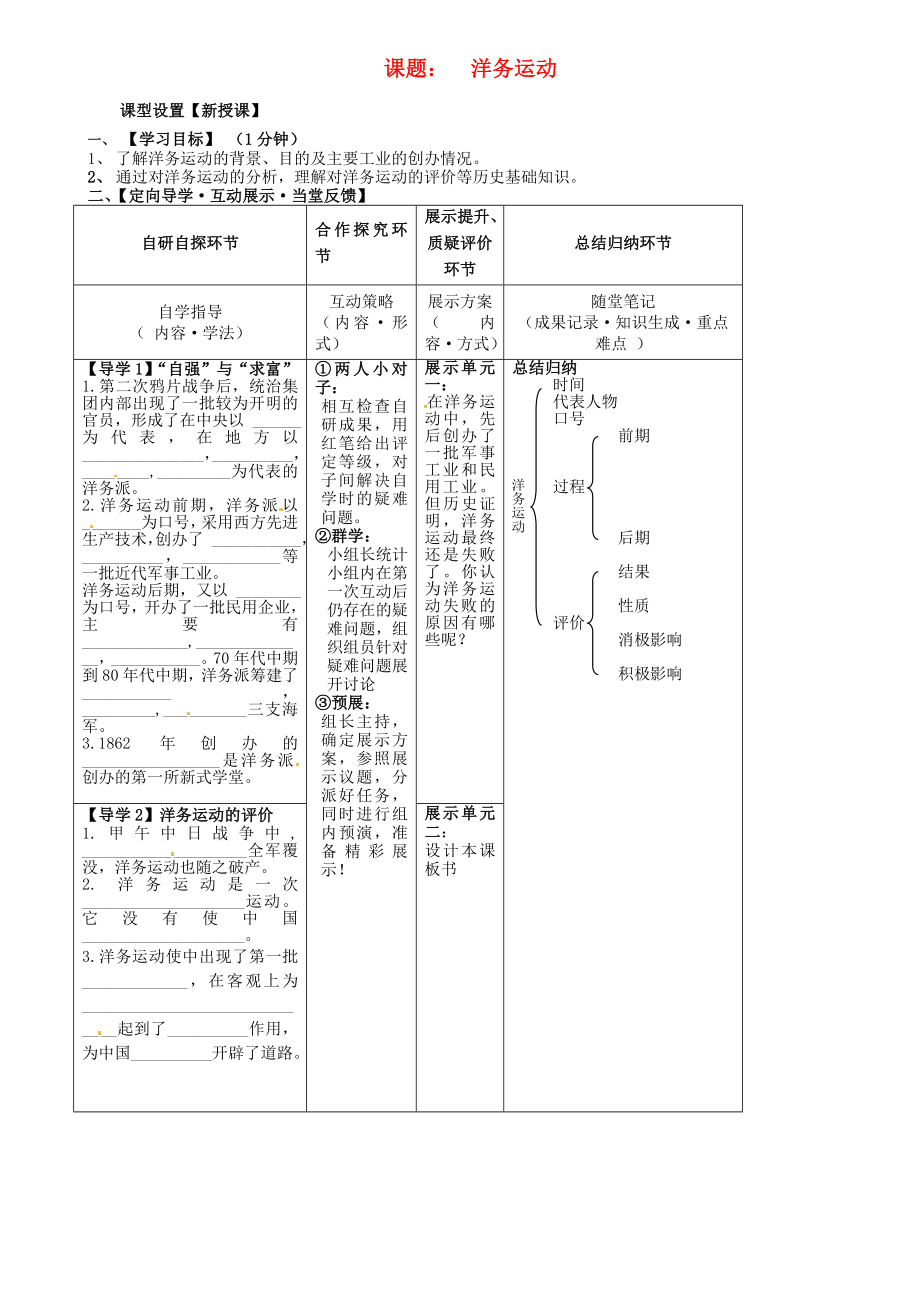 湖北省武漢市魯巷中學(xué)八年級歷史上冊 洋務(wù)運動導(dǎo)學(xué)案（無答案） 新人教版_第1頁