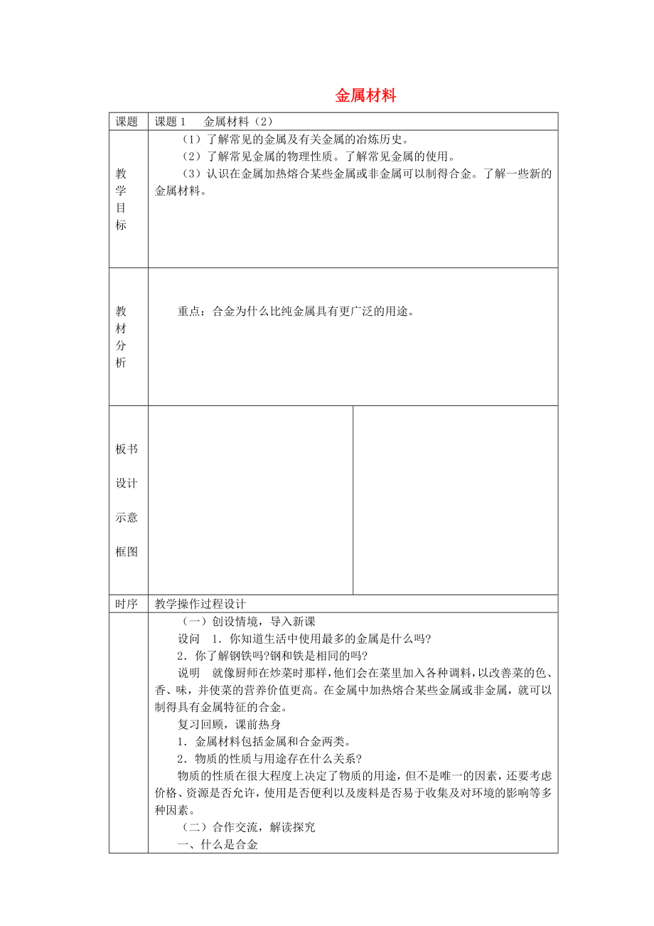 湖南省長沙市雨花區(qū)井灣子中學九年級化學下冊 8.1 金屬材料教案2 新人教版_第1頁