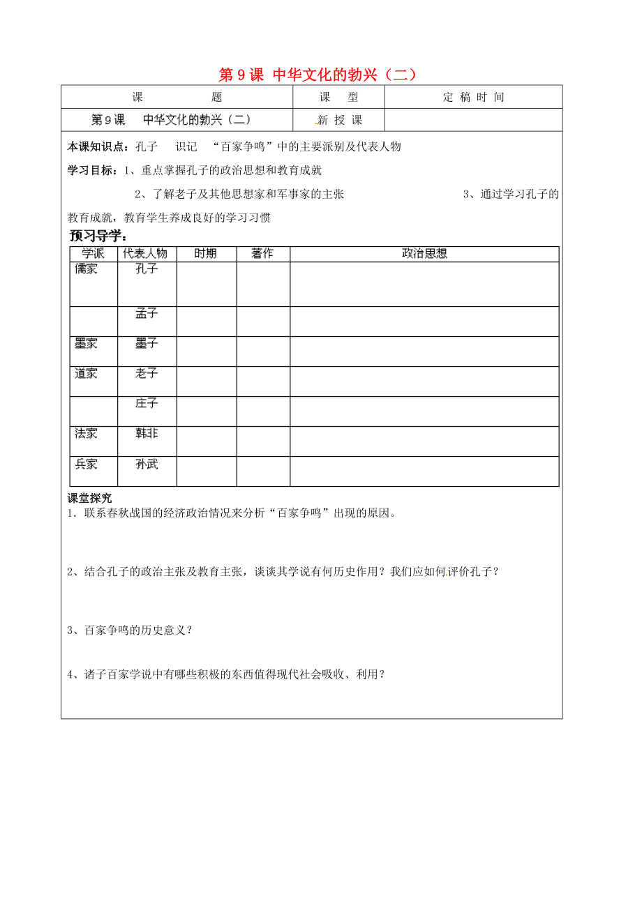 江蘇省南京市溧水區(qū)東廬初級中學七年級歷史上冊 第9課 中華文化的勃興（二）講學稿（無答案）（新版）新人教版_第1頁