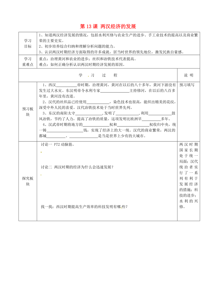 江蘇省徐州市中小學(xué)教學(xué)研究室七年級(jí)歷史上冊(cè) 第13課 兩漢經(jīng)濟(jì)的發(fā)展導(dǎo)學(xué)案（無答案） 新人教版_第1頁