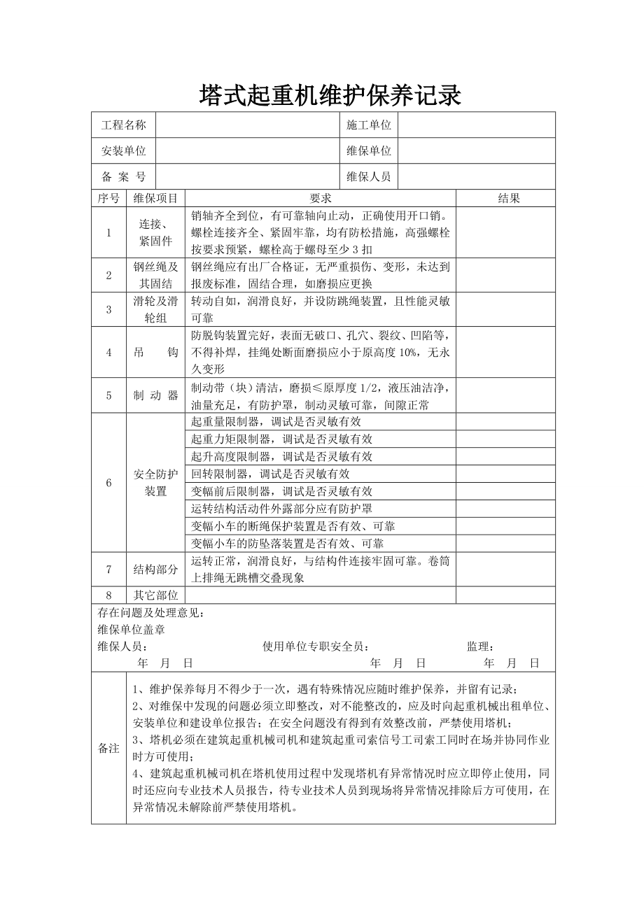 塔式起重機(jī)維護(hù)保養(yǎng)記錄.doc_第1頁