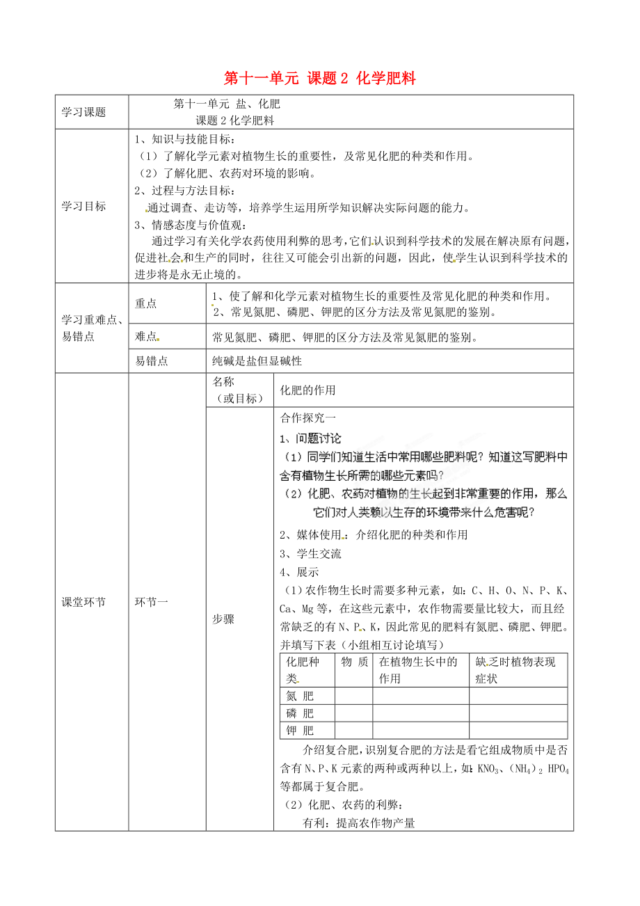 河北省石家庄市第八中学2020届九年级化学下册 第十一单元 课题2 化学肥料导学案（无答案） 新人教版_第1页