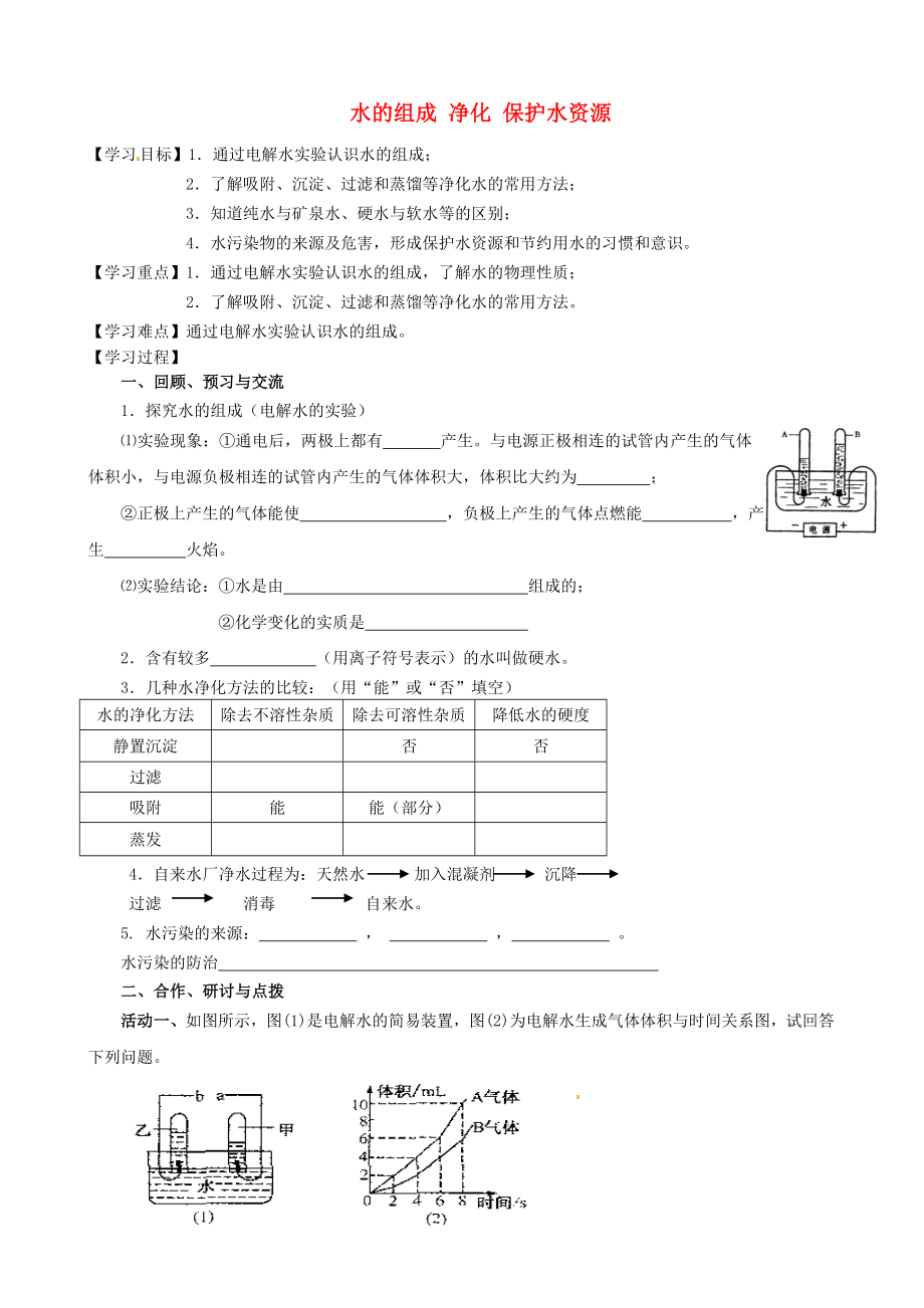 江蘇省高郵市車(chē)邏鎮(zhèn)初級(jí)中學(xué)2020屆中考化學(xué)一輪復(fù)習(xí)4《水的組成 凈化 保護(hù)水資源》學(xué)案（無(wú)答案）_第1頁(yè)