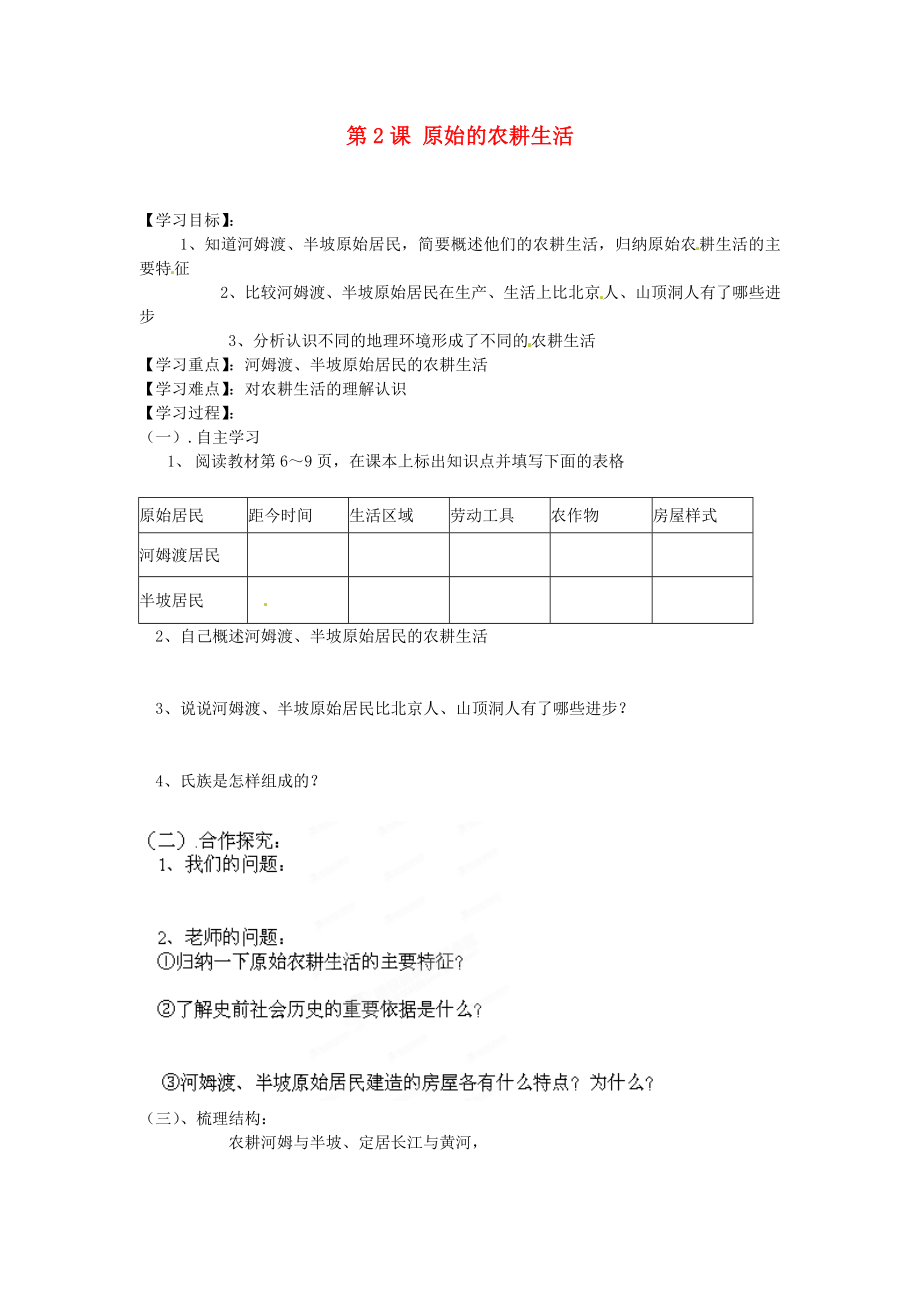 湖南省郴州市嘉禾縣坦坪中學七年級歷史上冊 第2課 原始的農(nóng)耕生活導學案（無答案） 岳麓版（通用）_第1頁