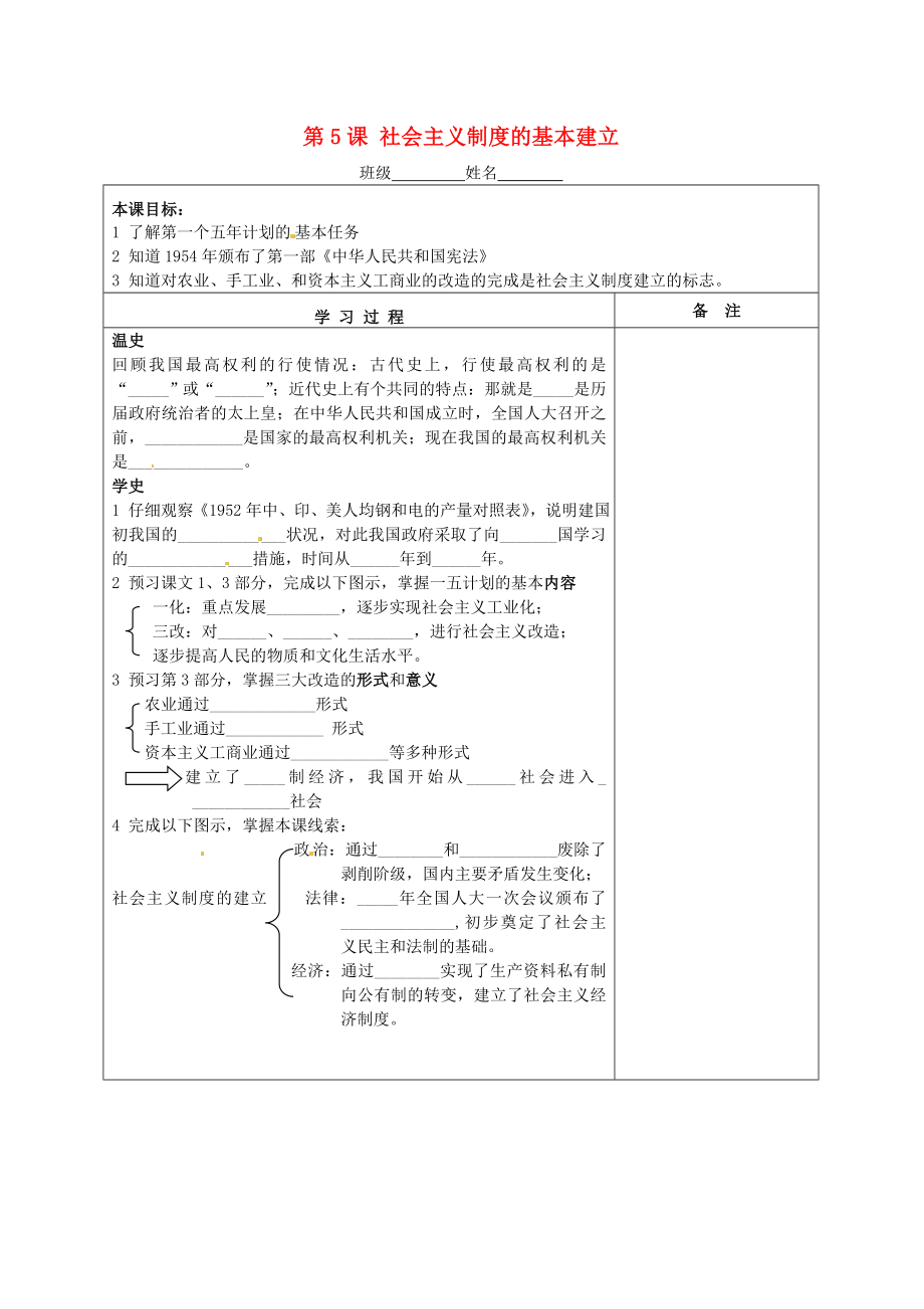 湖南省株洲市天元區(qū)馬家河中學(xué)八年級(jí)歷史下冊(cè) 第5課 社會(huì)主義制度的基本建立學(xué)案（無答案） 岳麓版_第1頁(yè)