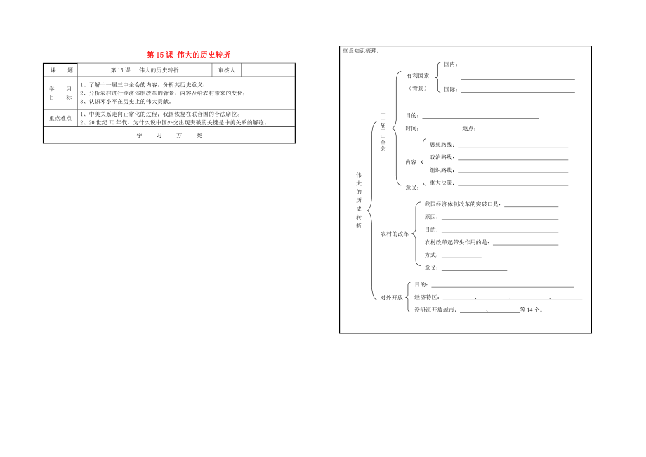 河北省承德市灤平三中八年級(jí)歷史下冊(cè) 第四單元 第15課 偉大的歷史轉(zhuǎn)折學(xué)案（無(wú)答案） 冀教版_第1頁(yè)