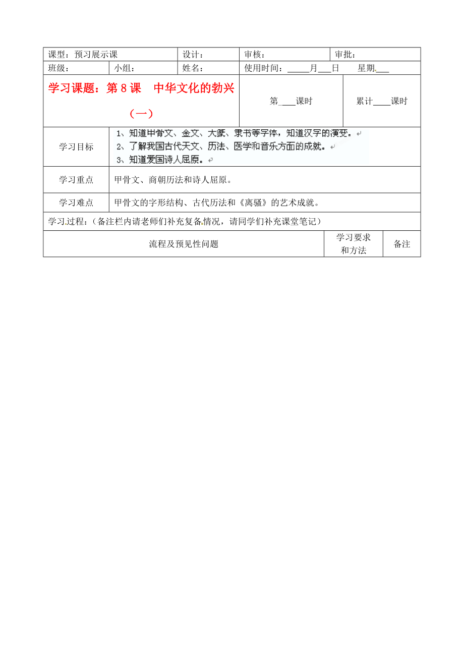 湖南省望城縣金海雙語實驗學(xué)校九年級歷史上冊 第8課 中華文化的勃興（一）導(dǎo)學(xué)案（無答案） 人教新課標(biāo)版_第1頁