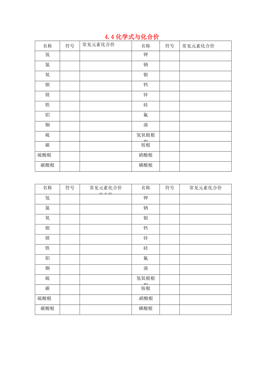 江苏省无锡地区九年级化学上册 4.4 化学式与化合价学案5（无答案）（新版）新人教版_第1页