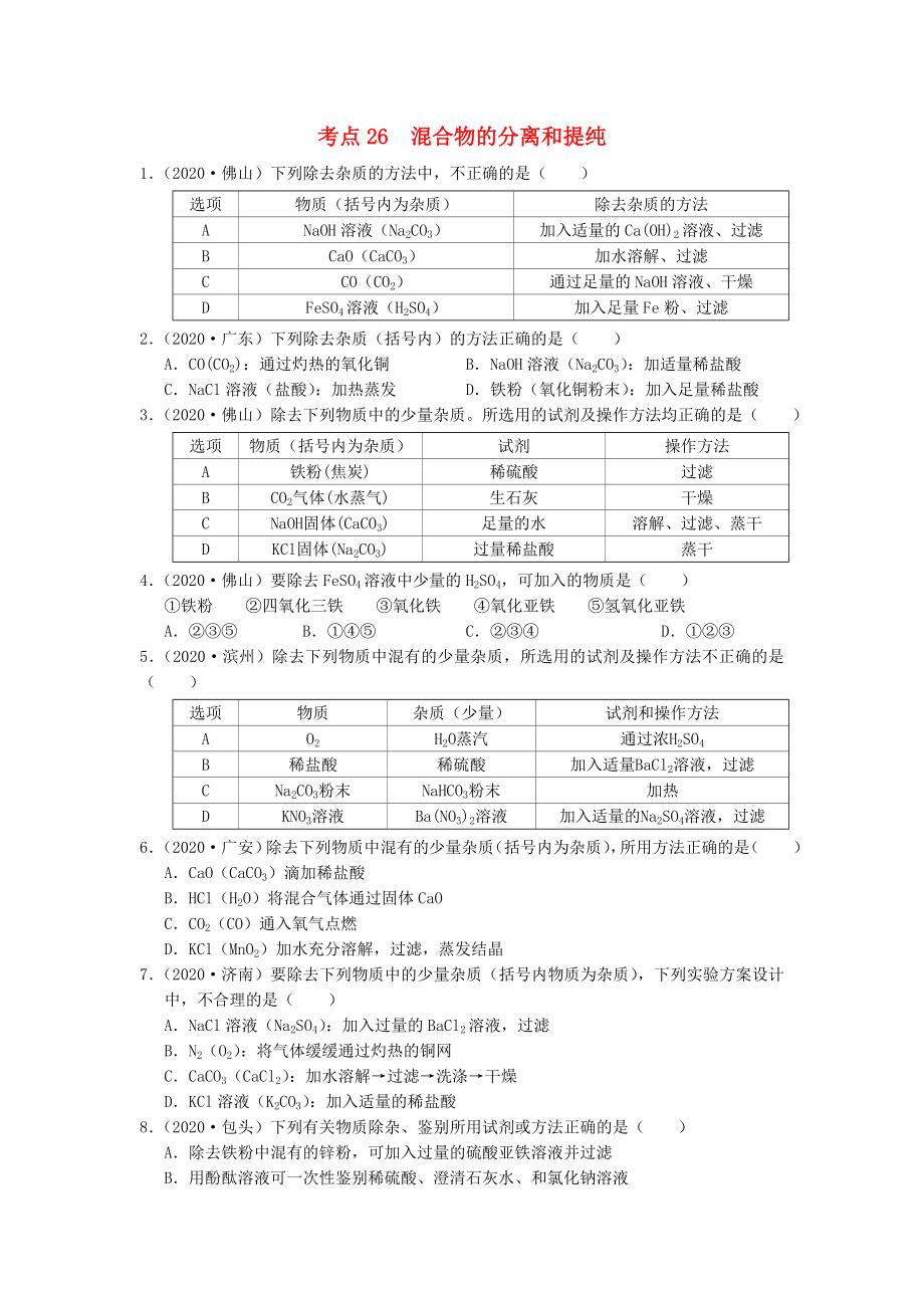 （廣東專版）2020年中考化學(xué)專題練習(xí) 考點(diǎn)26 混合物的分離和提純（無答案）_第1頁