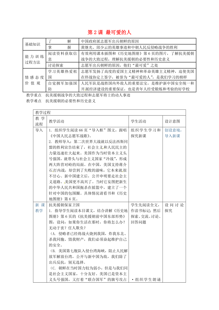 福建省長(zhǎng)汀縣第五中學(xué)八年級(jí)歷史下冊(cè) 第2課 最可愛的人教案 新人教版_第1頁