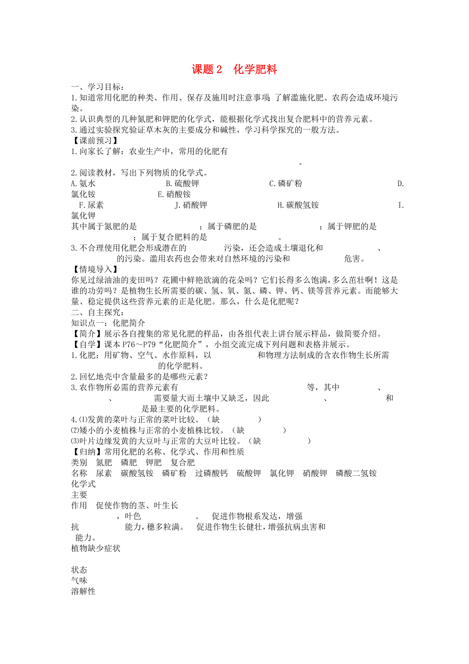 海南省?？谑械谑闹袑W(xué)九年級化學(xué)下冊 第十一單元 課題2 化學(xué)肥料導(dǎo)學(xué)案（無答案）（新版）新人教版_第1頁