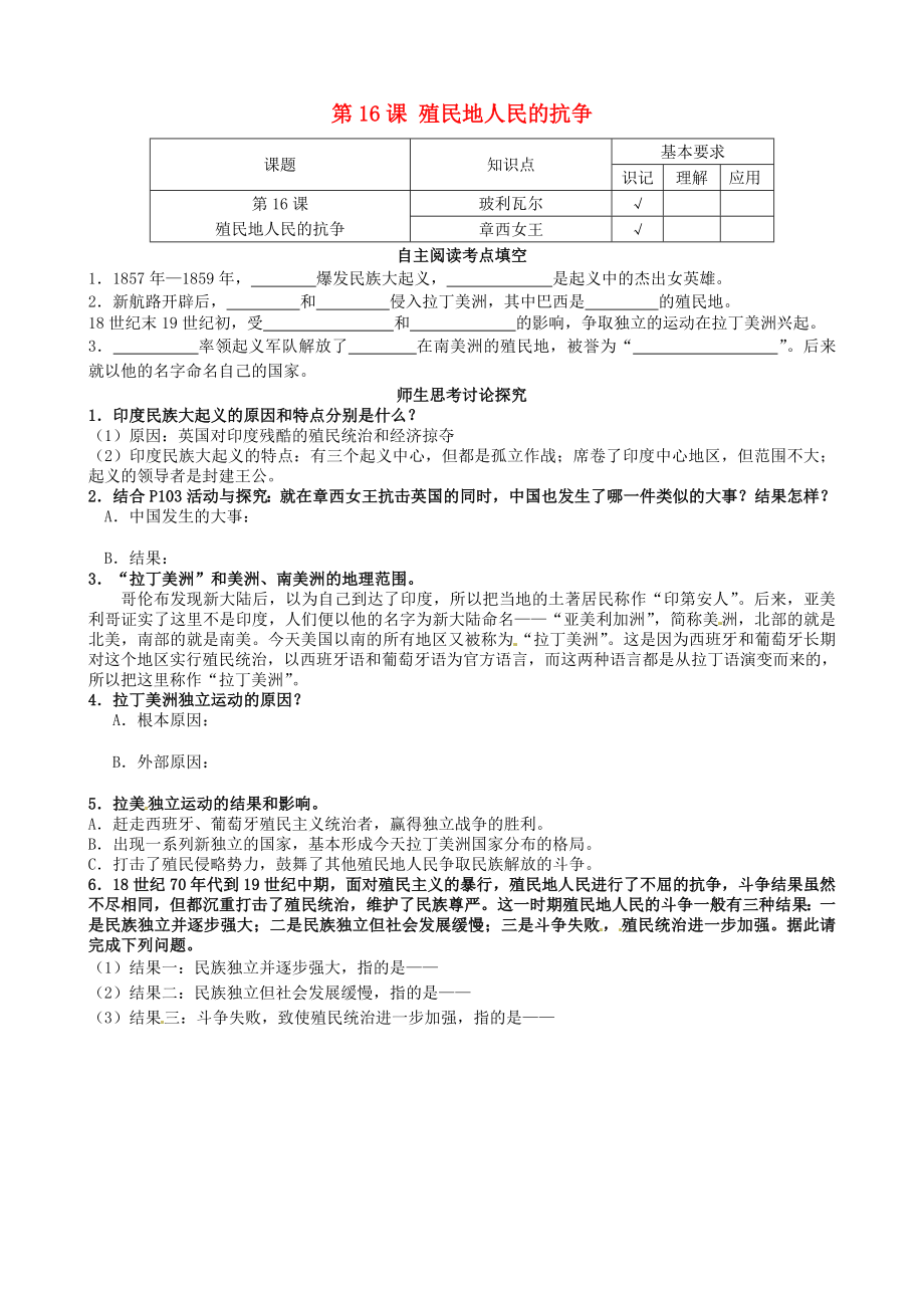 江蘇省南京市溧水區(qū)第一初級中學九年級歷史上冊 第16課 殖民地人民的抗爭學案（無答案） 新人教版_第1頁