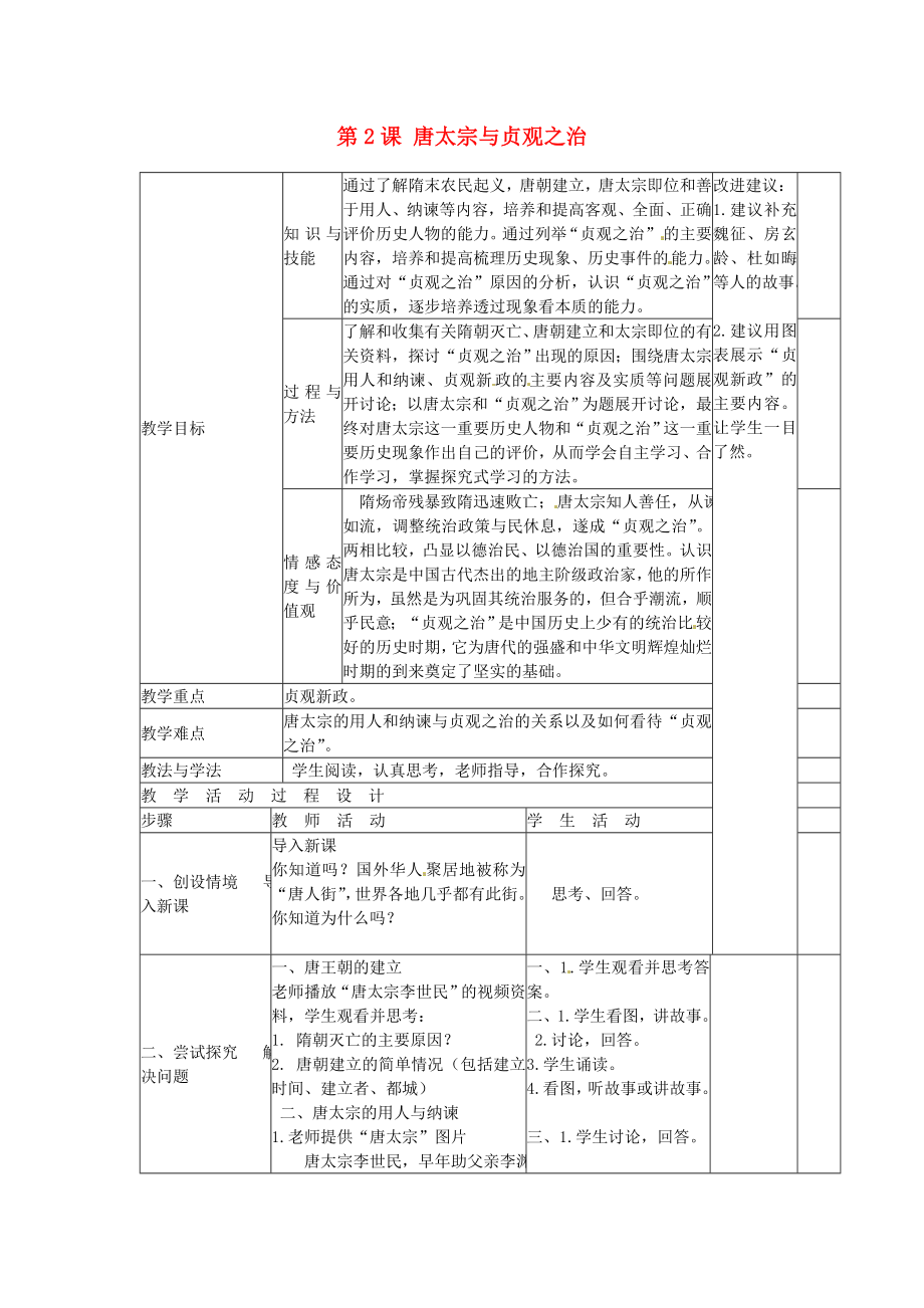 江蘇省興化市昭陽湖初級中學七年級歷史下冊 第2課 唐太宗與貞觀之治教案 北師大版_第1頁