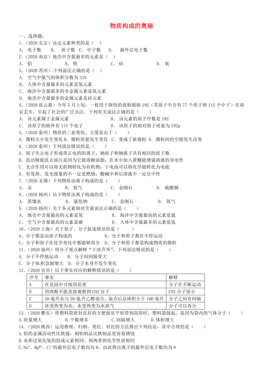 河北省平泉縣第四中學(xué)九年級化學(xué)上冊 第3單元《物質(zhì)構(gòu)成的奧秘》訓(xùn)練題（無答案）（新版）新人教版_第1頁