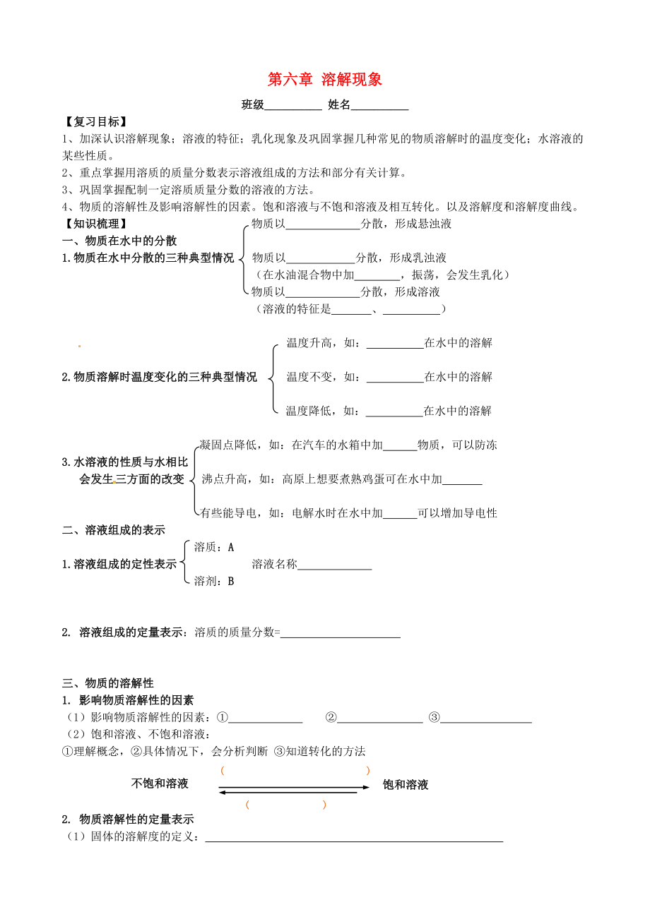 江苏省丹阳市第三中学九年级化学全册 6 溶解现象复习学案（无答案）（新版）沪教版_第1页