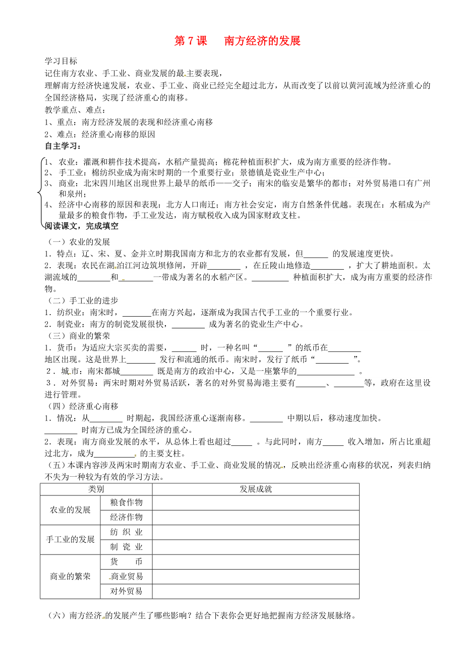 重慶市璧山縣青杠初級中學校七年級歷史下冊 第7課 南方經濟的發(fā)展導學案（無答案） 川教版_第1頁