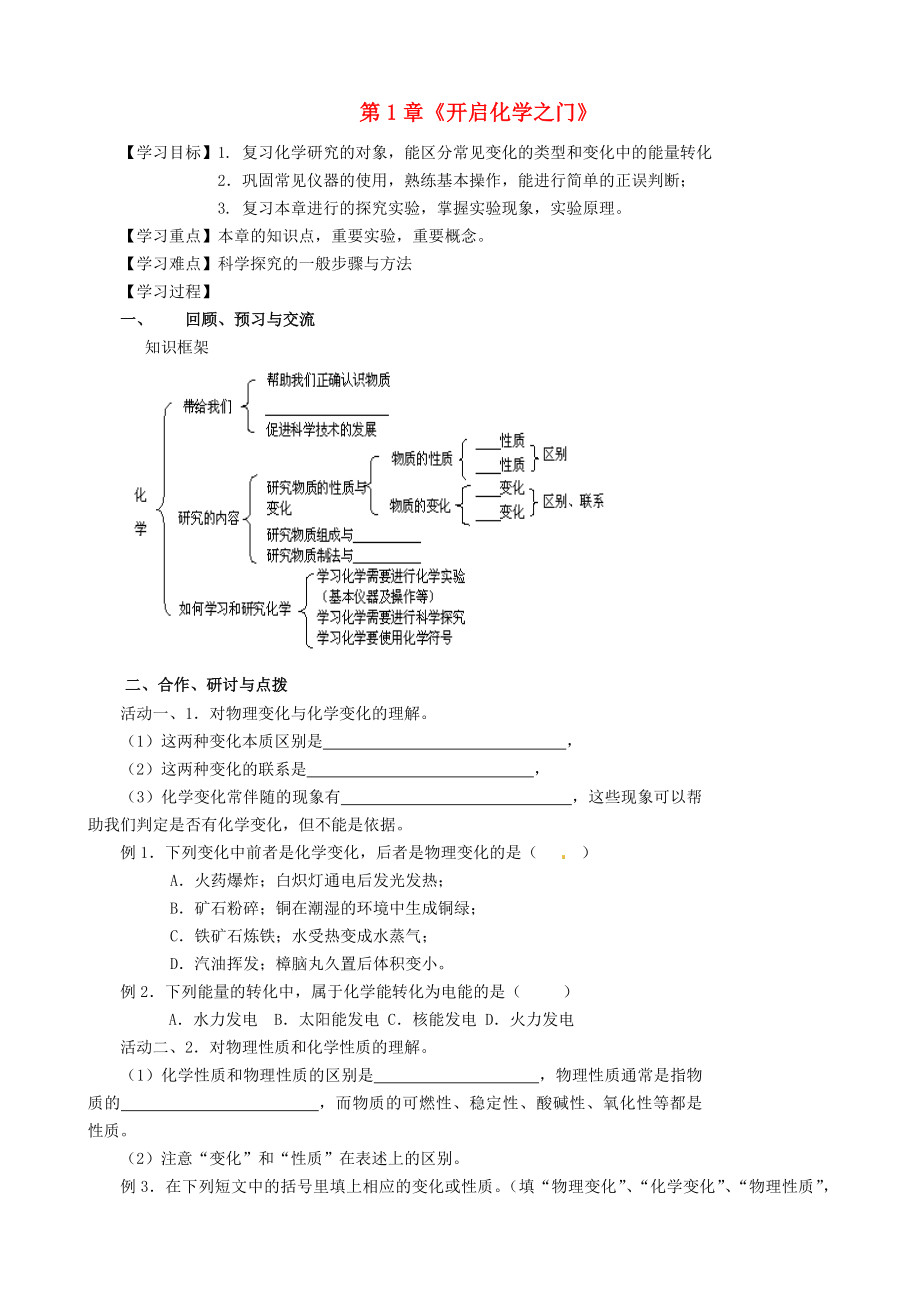 江蘇省高郵市車邏鎮(zhèn)初級(jí)中學(xué)2020屆九年級(jí)化學(xué)全冊 第1章《開啟化學(xué)之門》復(fù)習(xí)學(xué)案（無答案）（新版）滬教版_第1頁