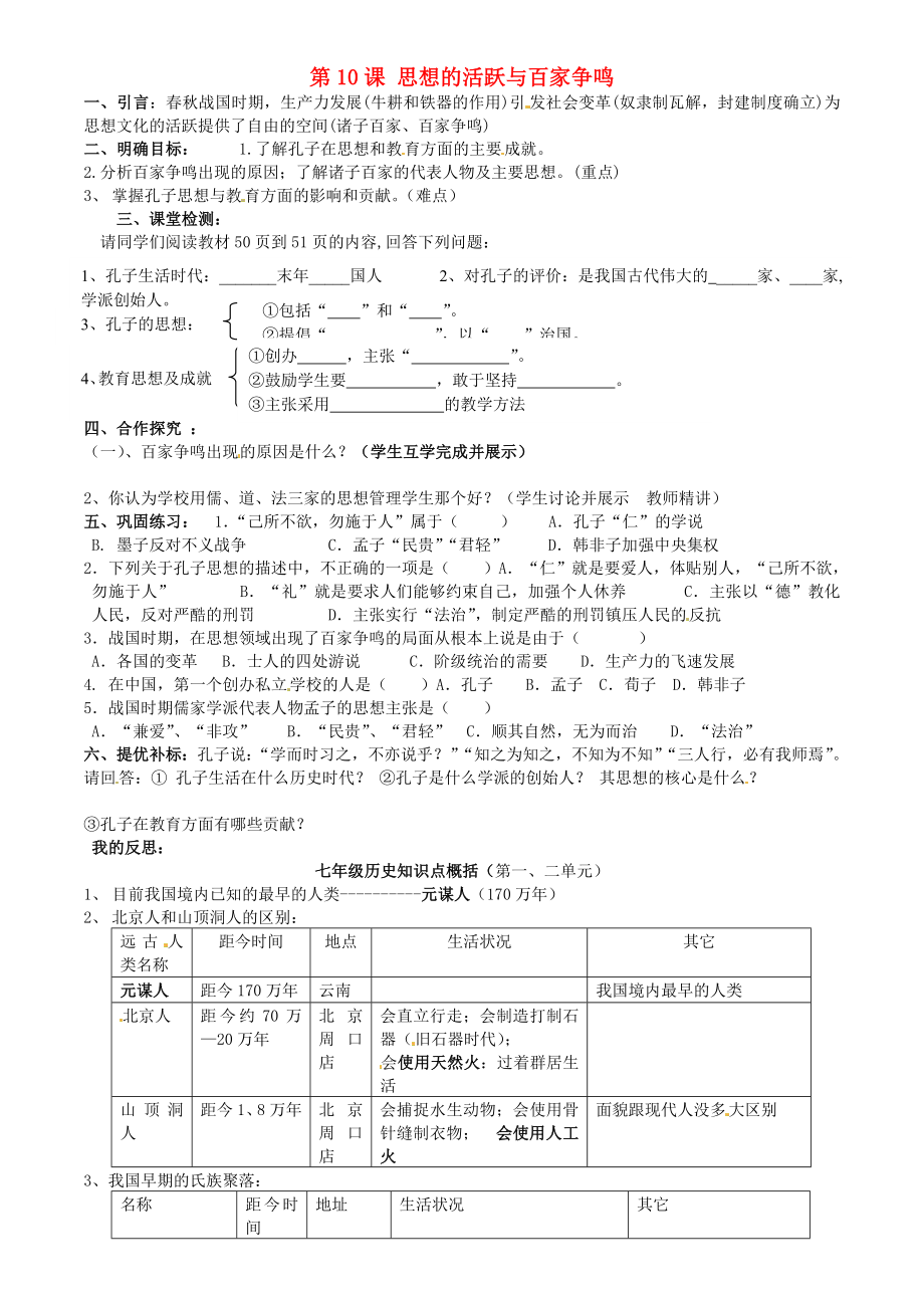 甘肅省酒泉第四中學(xué)歷史七年級上冊 第10課 思想的活躍與百家爭鳴復(fù)習(xí)提綱 北師大版_第1頁