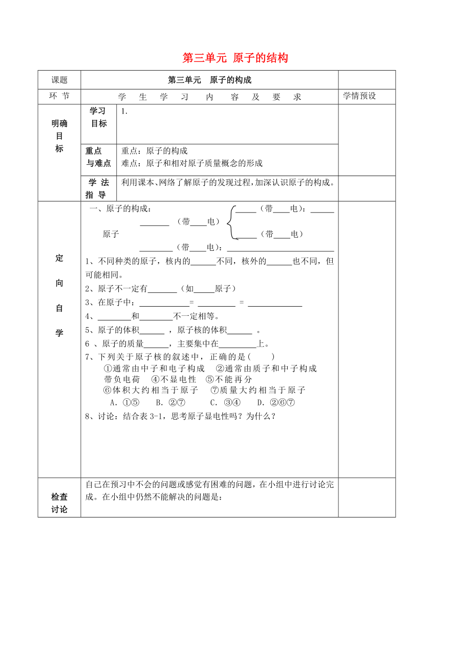 貴州省六盤水市第十三中學(xué)九年級(jí)化學(xué)上冊(cè) 第三單元 課題2 原子的結(jié)構(gòu)（第1課時(shí)）導(dǎo)學(xué)案（無答案） （新版）新人教版_第1頁