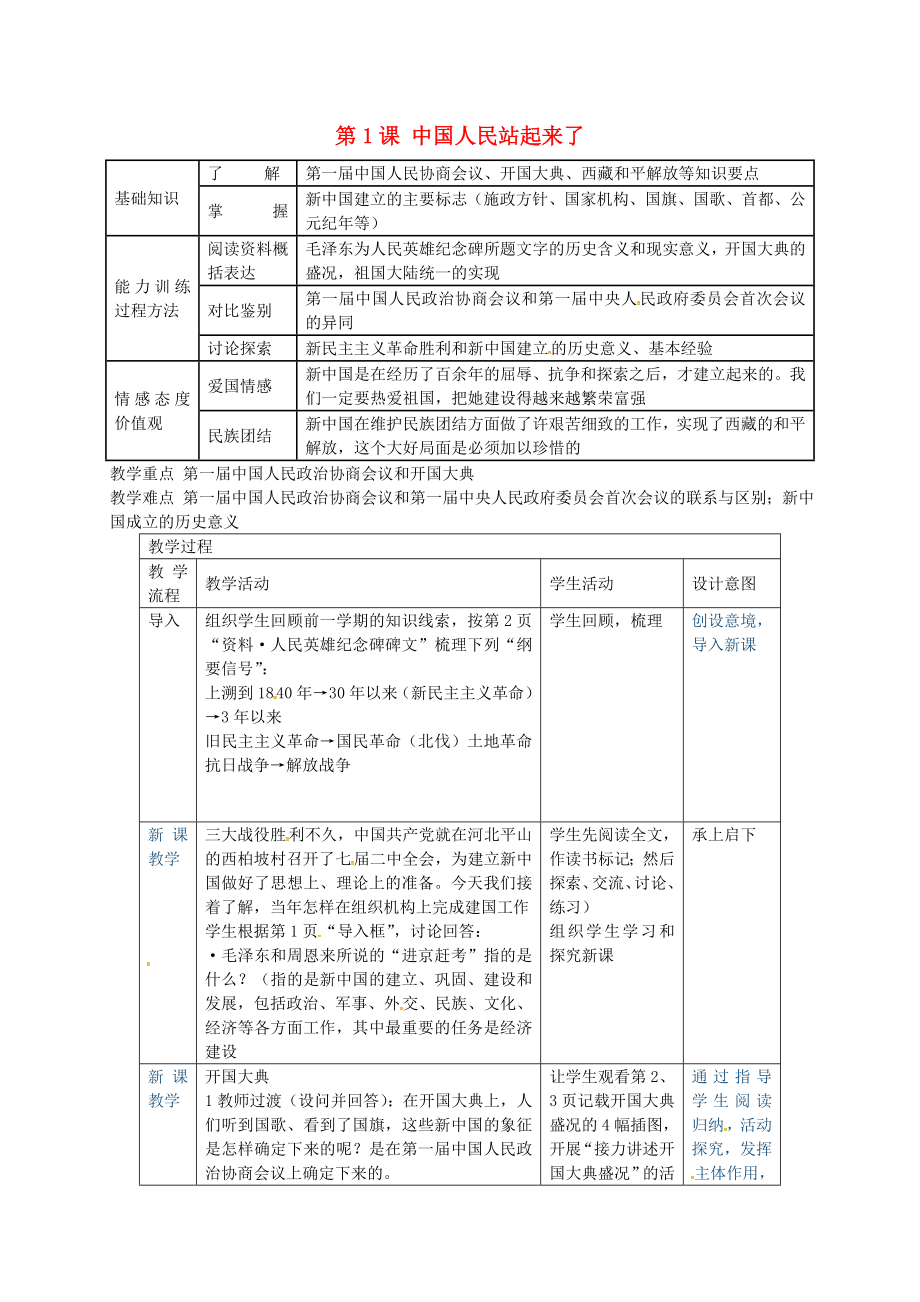 福建省長汀縣第五中學(xué)八年級歷史下冊 第1課 中國人民站起來了教案 新人教版_第1頁