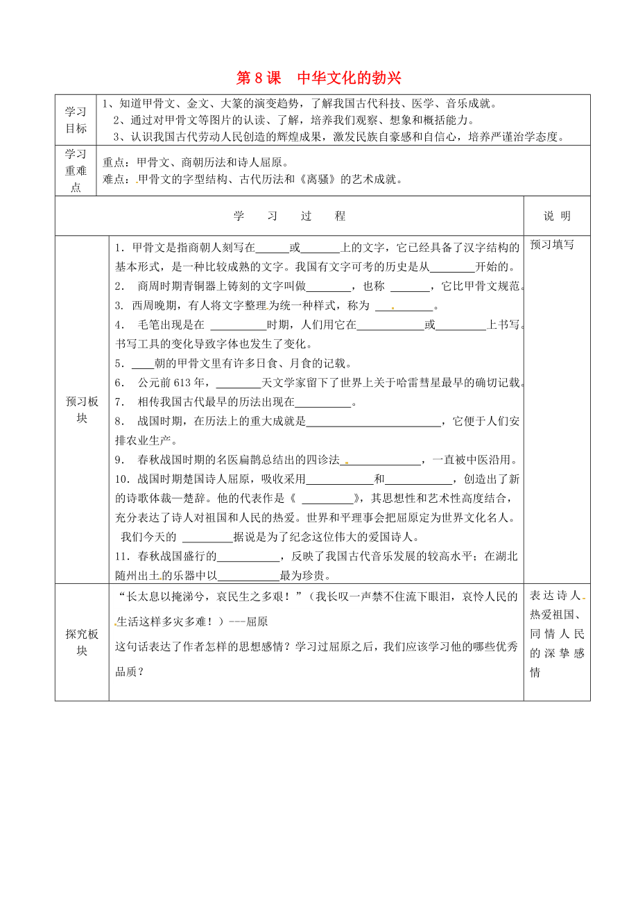 江蘇省徐州市中小學教學研究室七年級歷史上冊 第8課 中華文化的勃興（一）導學案 新人教版_第1頁