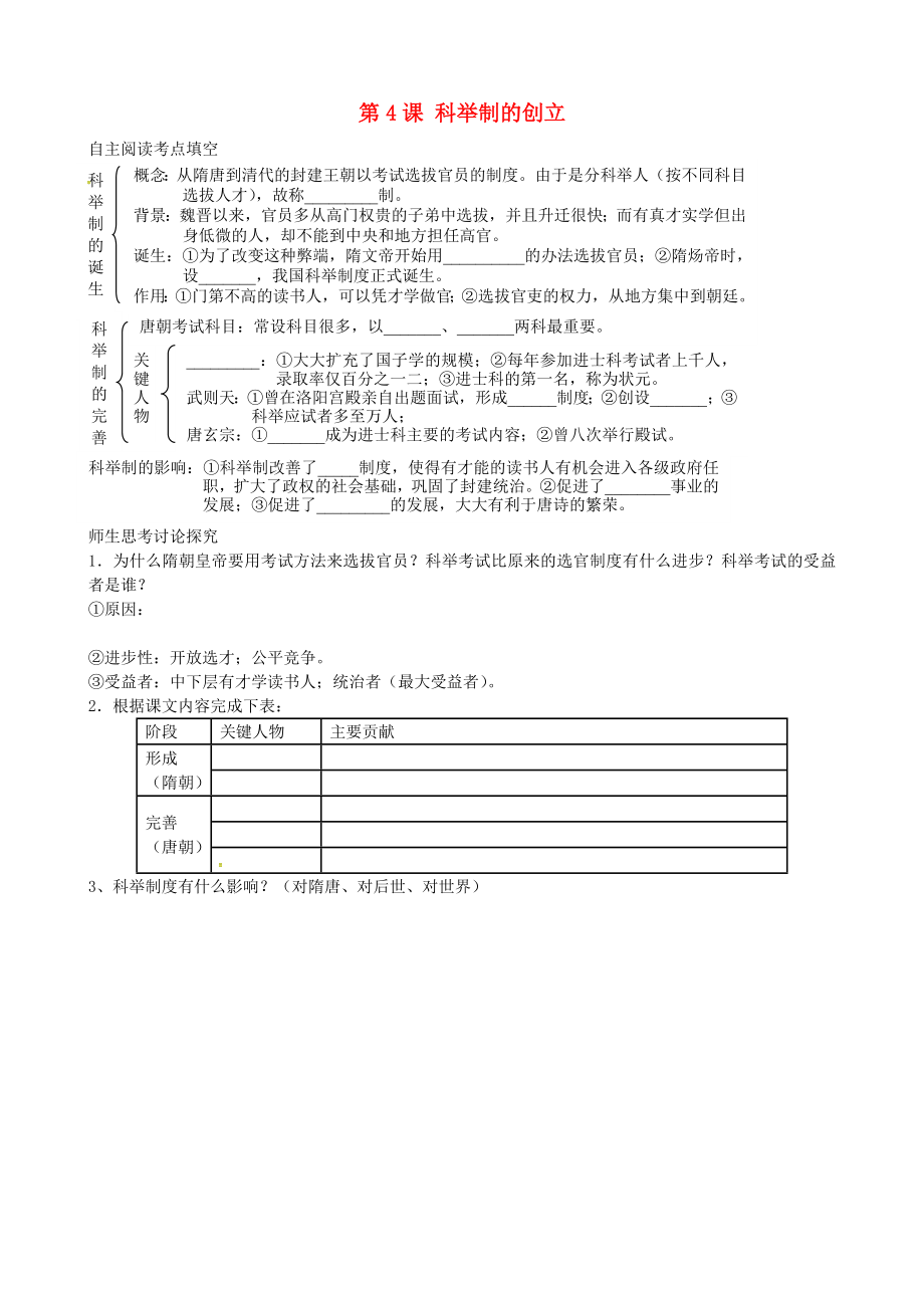 江蘇省溧水縣孔鎮(zhèn)中學(xué)七年級歷史下冊 第4課 科舉制的創(chuàng)立導(dǎo)學(xué)案（無答案） 新人教版_第1頁