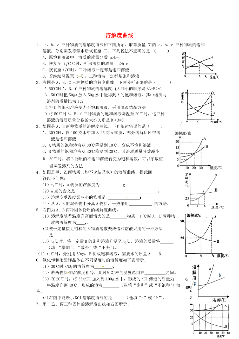 遼寧省凌海市石山初級中學(xué)九年級化學(xué)上冊 難點(diǎn)突破訓(xùn)練 溶解度曲線（無答案） 新人教版_第1頁