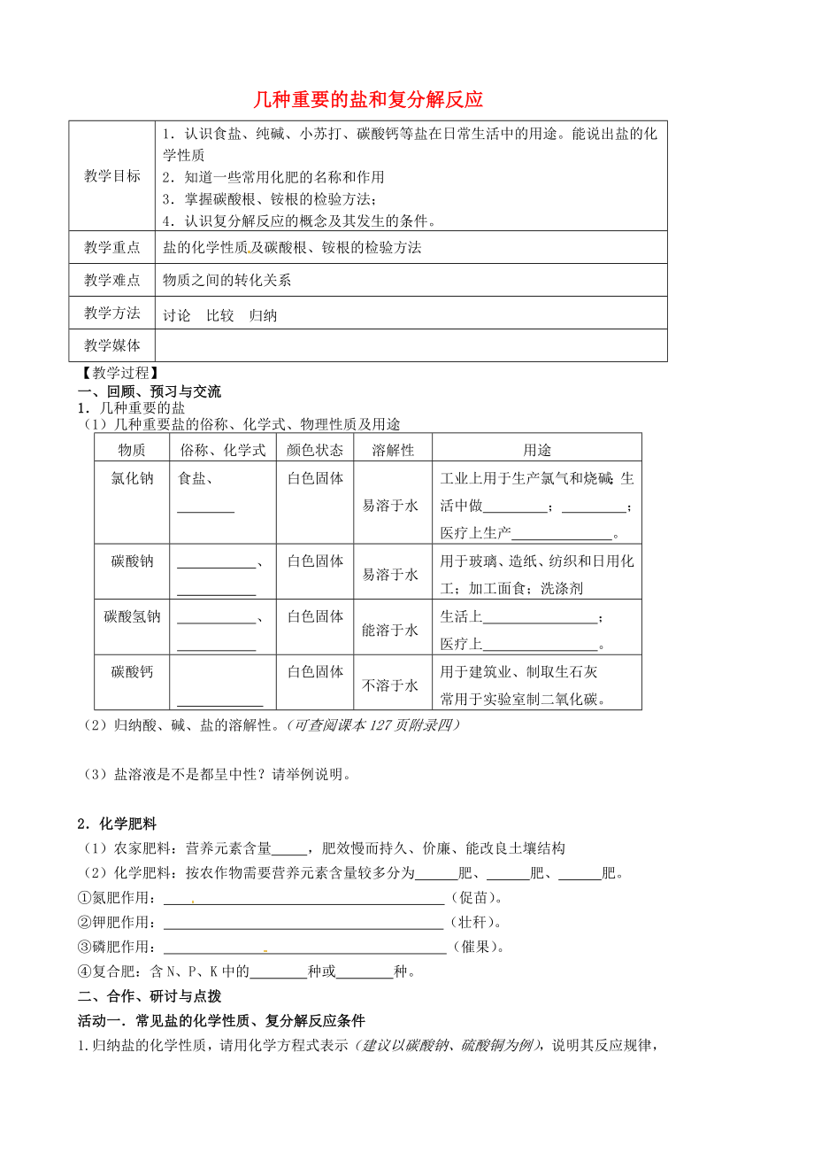 江蘇省高郵市車邏鎮(zhèn)初級中學(xué)2020屆中考化學(xué)一輪復(fù)習(xí)15《幾種重要的鹽和復(fù)分解反應(yīng)》教案_第1頁