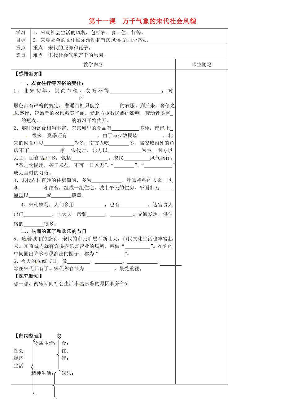 河北省灤南縣青坨營鎮(zhèn)初級中學(xué)七年級歷史下冊 第11課 萬千氣象的宋代社會風(fēng)貌導(dǎo)學(xué)案（無答案） 新人教版_第1頁