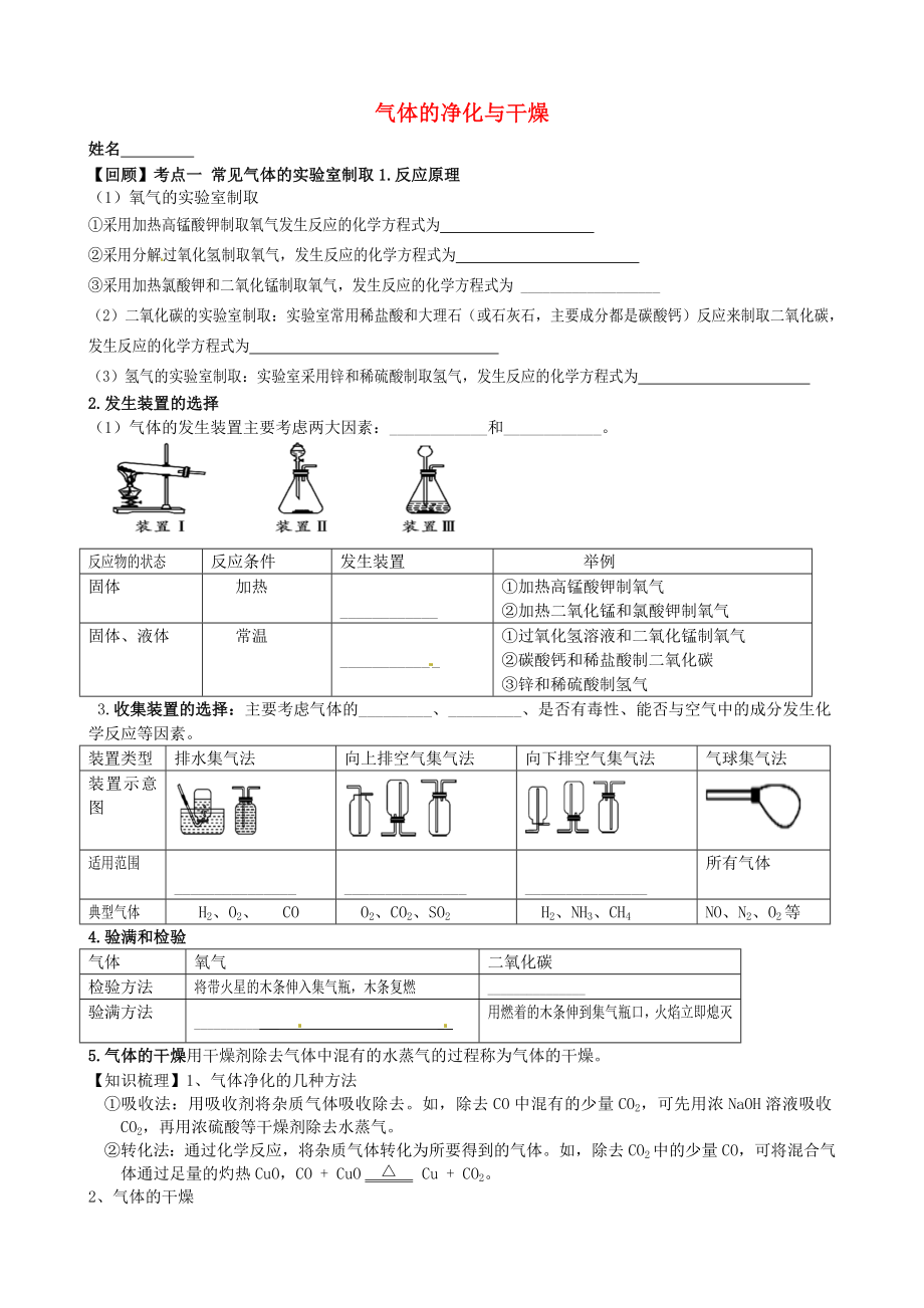 江蘇省溧水縣孔鎮(zhèn)中學(xué)2020屆中考化學(xué) 一模后專題練習(xí)1 氣體的制取、凈化與干燥（無(wú)答案）_第1頁(yè)