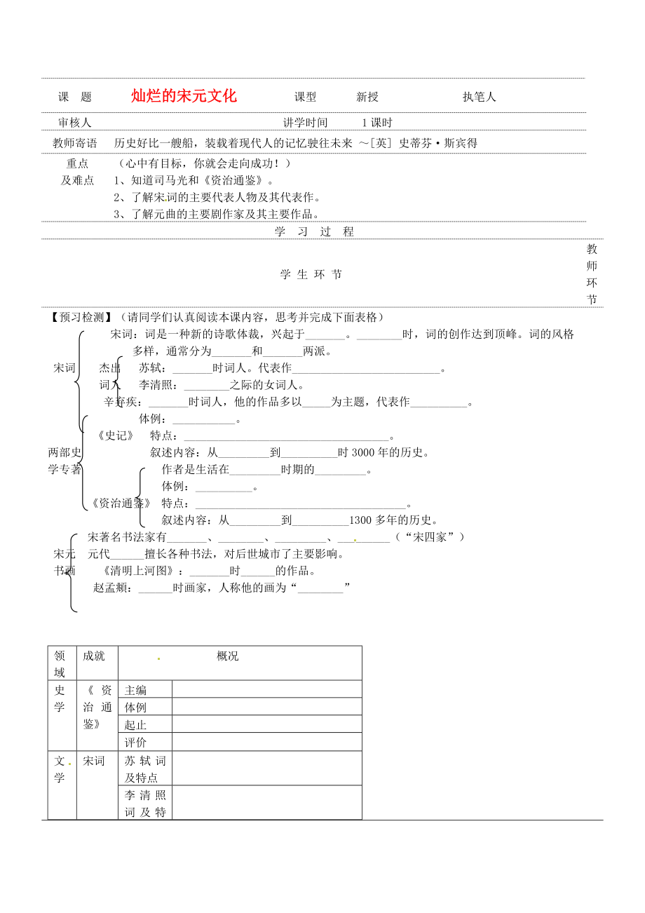 湖南省常德市第九中學(xué)七年級歷史下冊 第二單元 第14課《燦爛的宋元文化（二）》導(dǎo)學(xué)案（無答案） 新人教版_第1頁