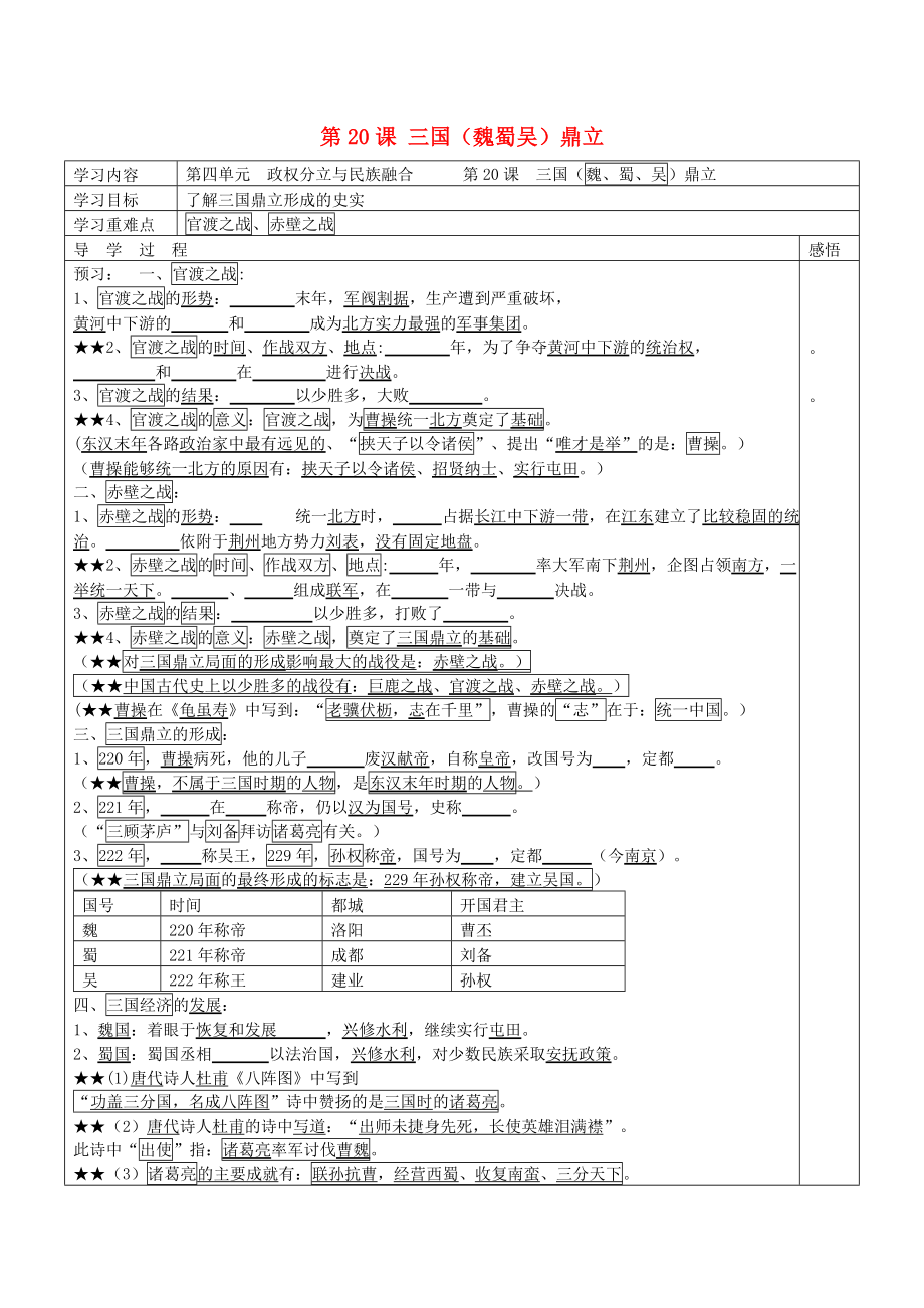 （2020年秋季版）江蘇省宿遷市現(xiàn)代實驗學(xué)校七年級歷史上冊 第20課 三國（魏蜀吳）鼎立學(xué)案（無答案） 岳麓版_第1頁