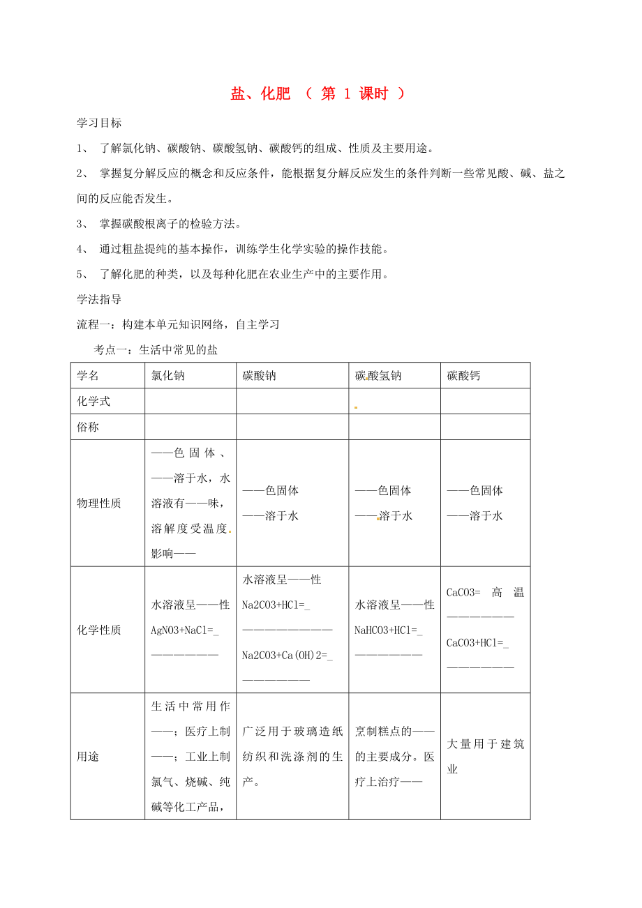 河北省保定市雄縣九年級(jí)化學(xué)下冊(cè) 第11單元 鹽、化肥（第1課時(shí)）復(fù)習(xí)導(dǎo)學(xué)案（無答案）（新版）新人教版（通用）_第1頁(yè)