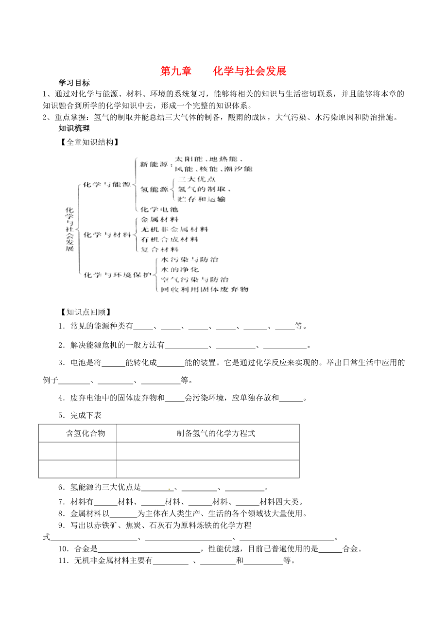 江苏省徐州市丰县创新外国语学校九年级化学全册 第9章 化学与社会发展复习学案（无答案）（新版）沪教版_第1页