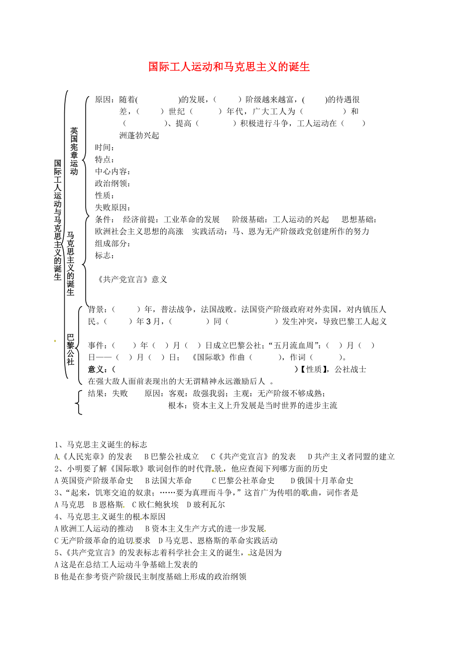 河北省藁城市尚西中学2020届九年级历史上册 第17课 国际工人运动和马克思主义的诞生学案（无答案） 新人教版_第1页