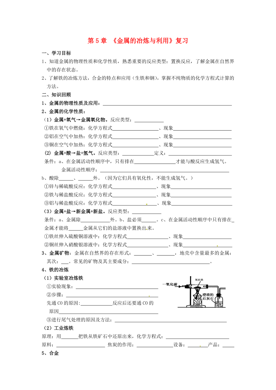 江苏省徐州市丰县创新外国语学校九年级化学全册 第5章 金属的冶炼与利用复习学案（无答案）（新版）沪教版_第1页