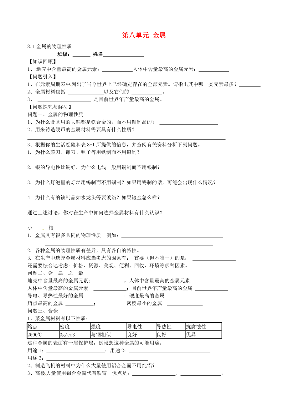 江蘇省南京市溧水縣孔鎮(zhèn)中學(xué)九年級化學(xué)下冊 第八單元 金屬學(xué)案（無答案） 新人教版_第1頁