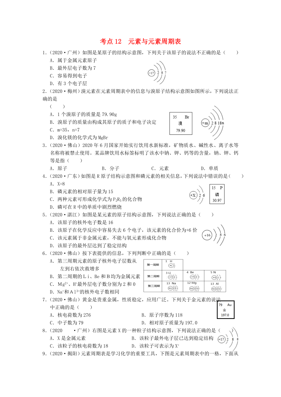 （廣東專(zhuān)版）2020年中考化學(xué)專(zhuān)題練習(xí) 考點(diǎn)12 元素與元素周期表（無(wú)答案）_第1頁(yè)