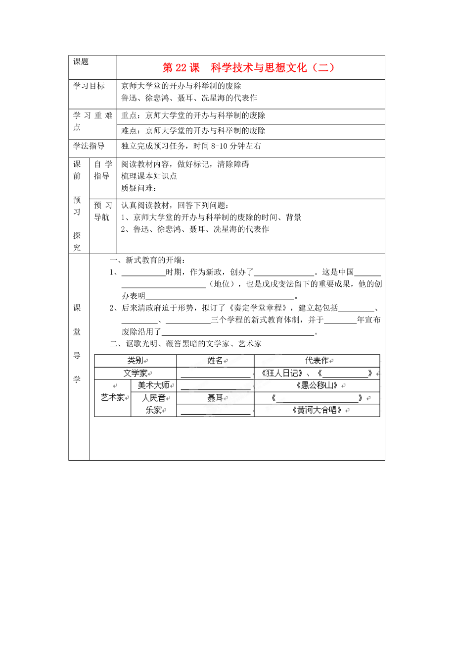 辽宁省辽阳九中八年级历史上册《第22课科学技术与思想文化（二）》学案（无答案）_第1页