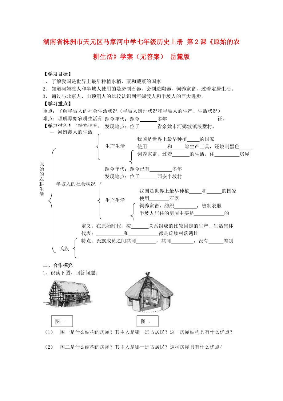 湖南省株洲市天元区马家河中学七年级历史上册 第2课《原始的农耕生活》学案（无答案） 岳麓版_第1页