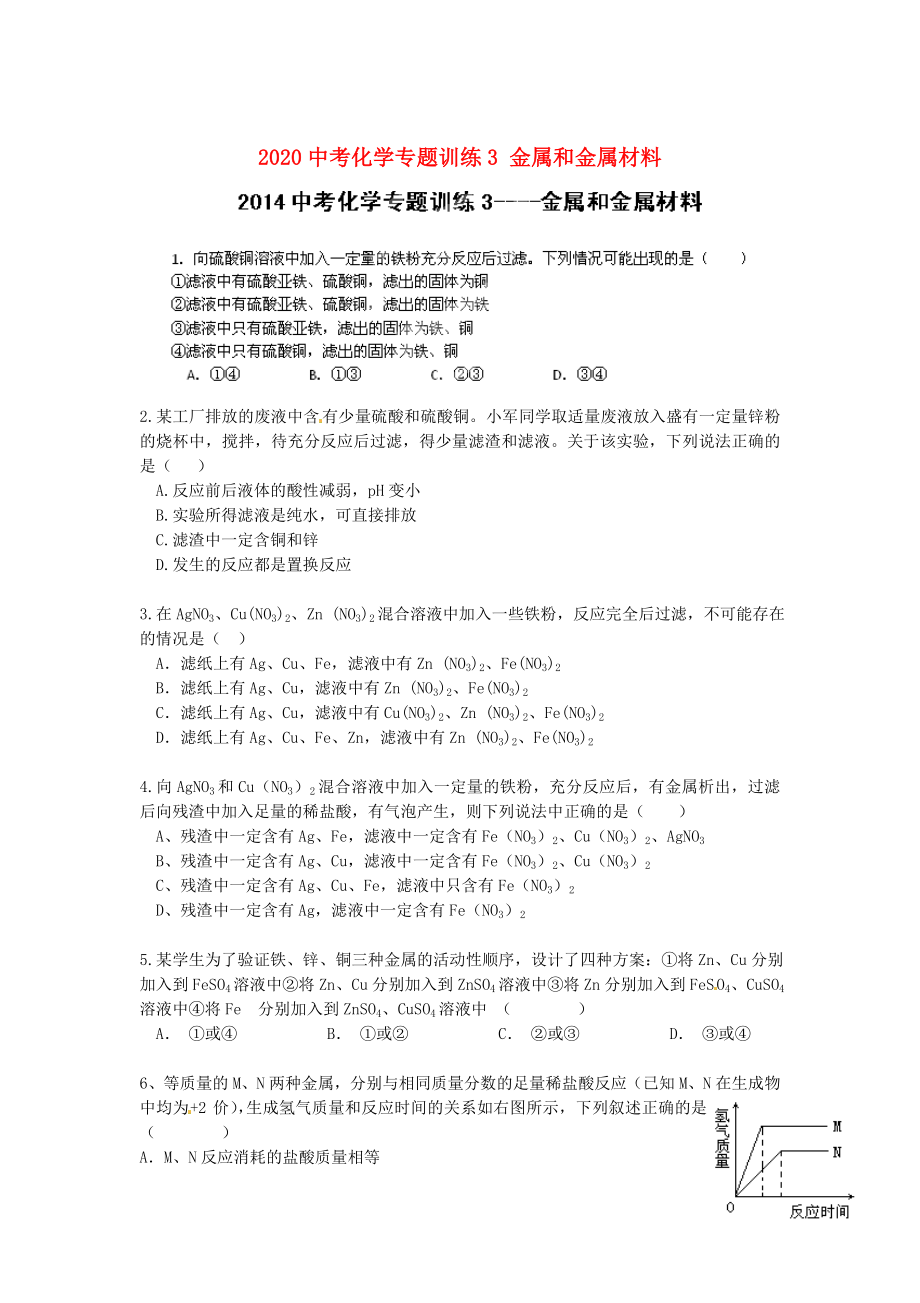 湖北省武漢市魯巷中學(xué)2020中考化學(xué)專題訓(xùn)練3 金屬和金屬材料（無(wú)答案）_第1頁(yè)