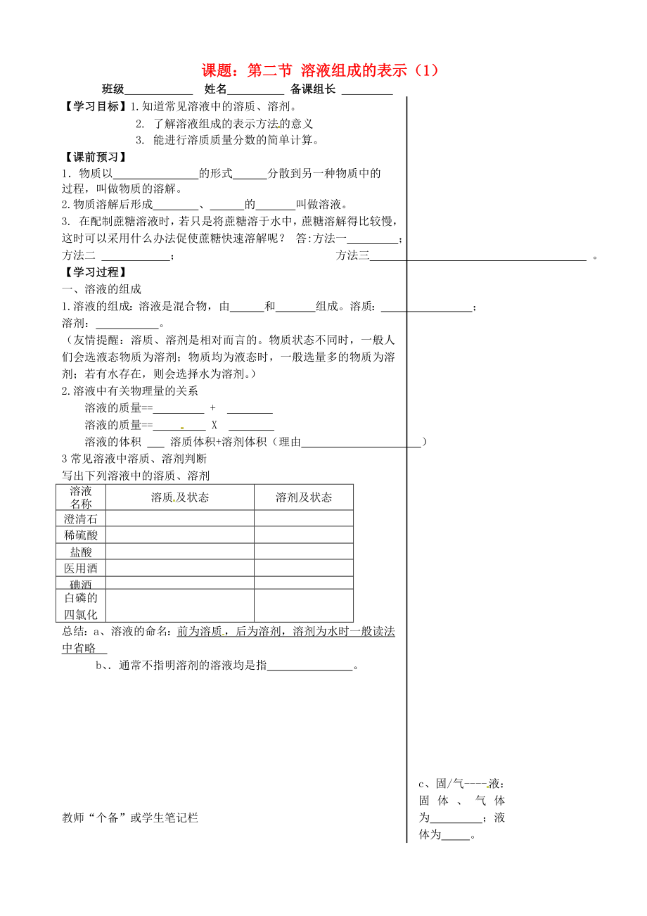 江蘇省丹陽(yáng)市第三中學(xué)九年級(jí)化學(xué)全冊(cè) 6.2 溶液組成的表示（第1課時(shí)）導(dǎo)學(xué)案（無(wú)答案）（新版）滬教版_第1頁(yè)