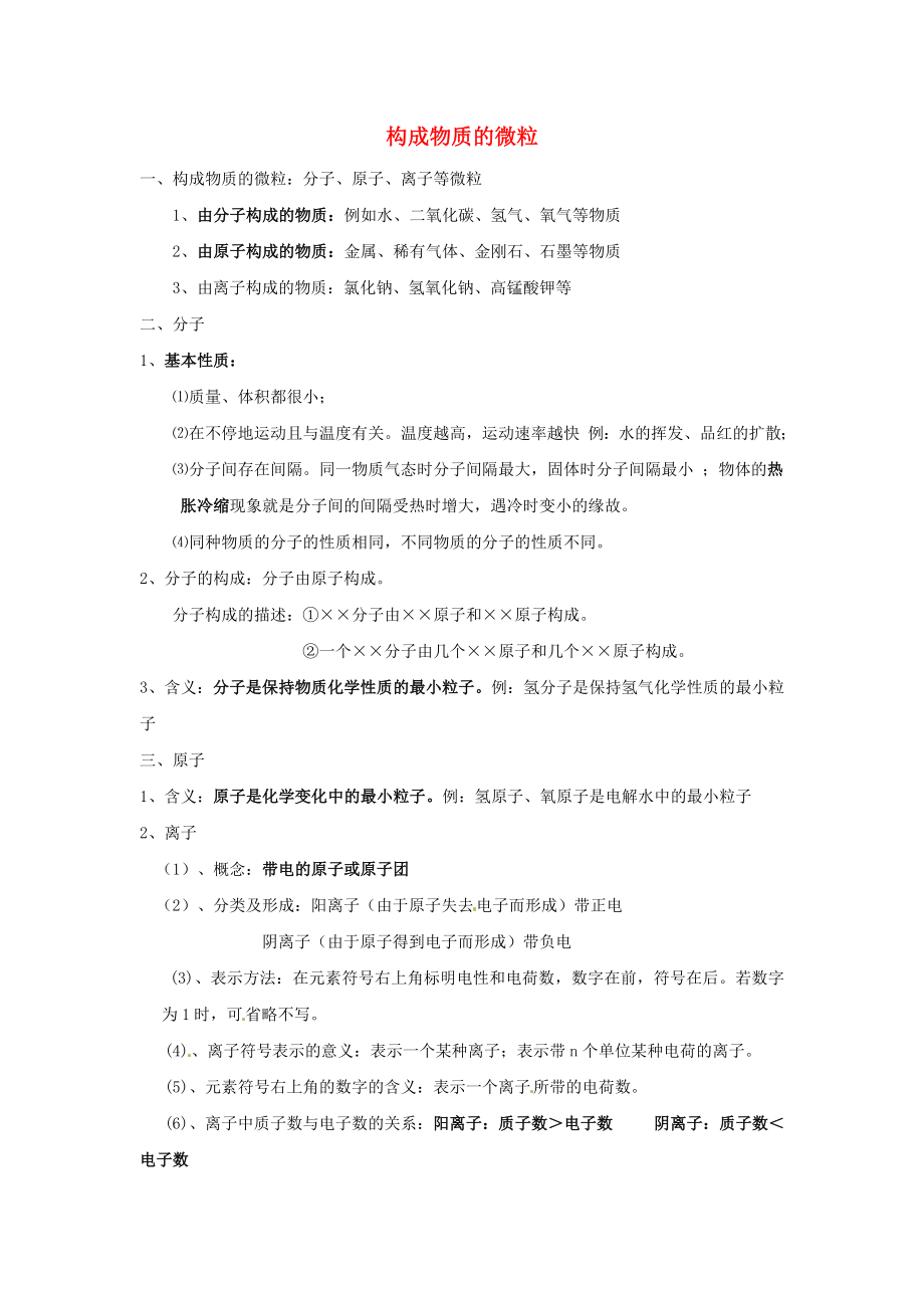 河北省滄州市獻縣壘頭中學2020年中考化學第二輪知識點復習 構(gòu)成物質(zhì)的微粒（無答案）_第1頁