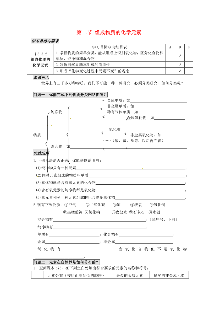 江蘇省太倉市第二中學(xué)九年級化學(xué)上冊 第三章 第二節(jié) 組成物質(zhì)的化學(xué)元素（第2課時）學(xué)案（無答案）（新版）滬教版_第1頁