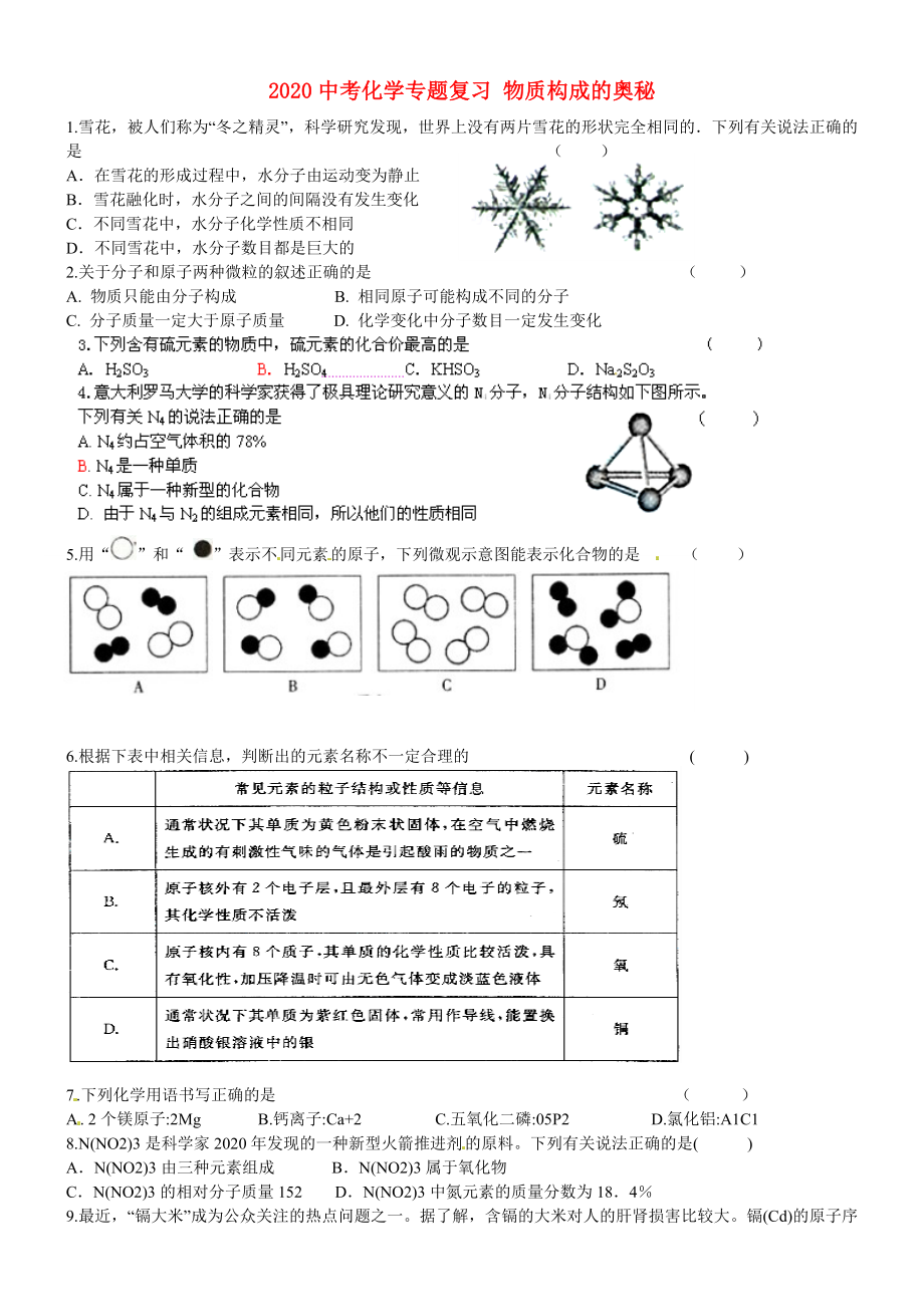 江蘇省南京市溧水區(qū)第一初級中學(xué)2020中考化學(xué)專題復(fù)習(xí) 物質(zhì)構(gòu)成的奧秘（無答案）_第1頁