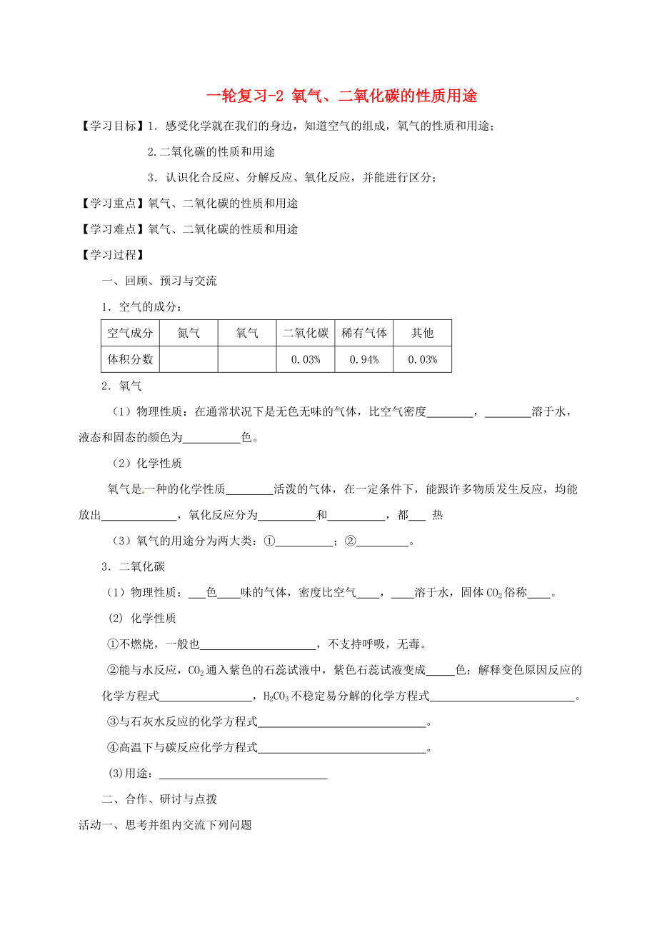 江蘇省揚州市高郵市車邏鎮(zhèn)2020屆中考化學(xué)一輪復(fù)習(xí) 2《氧氣、二氧化碳的性質(zhì)用途教》學(xué)案（無答案） 滬教版_第1頁