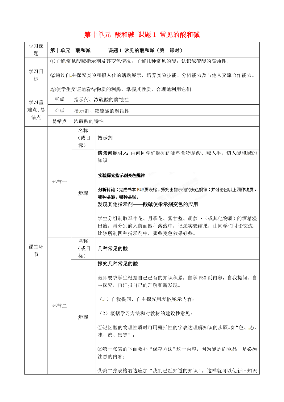 河北省石家庄市第八中学2020届九年级化学下册 第十单元 酸和碱 课题1 常见的酸和碱（第一课时）导学案（无答案） 新人教版_第1页