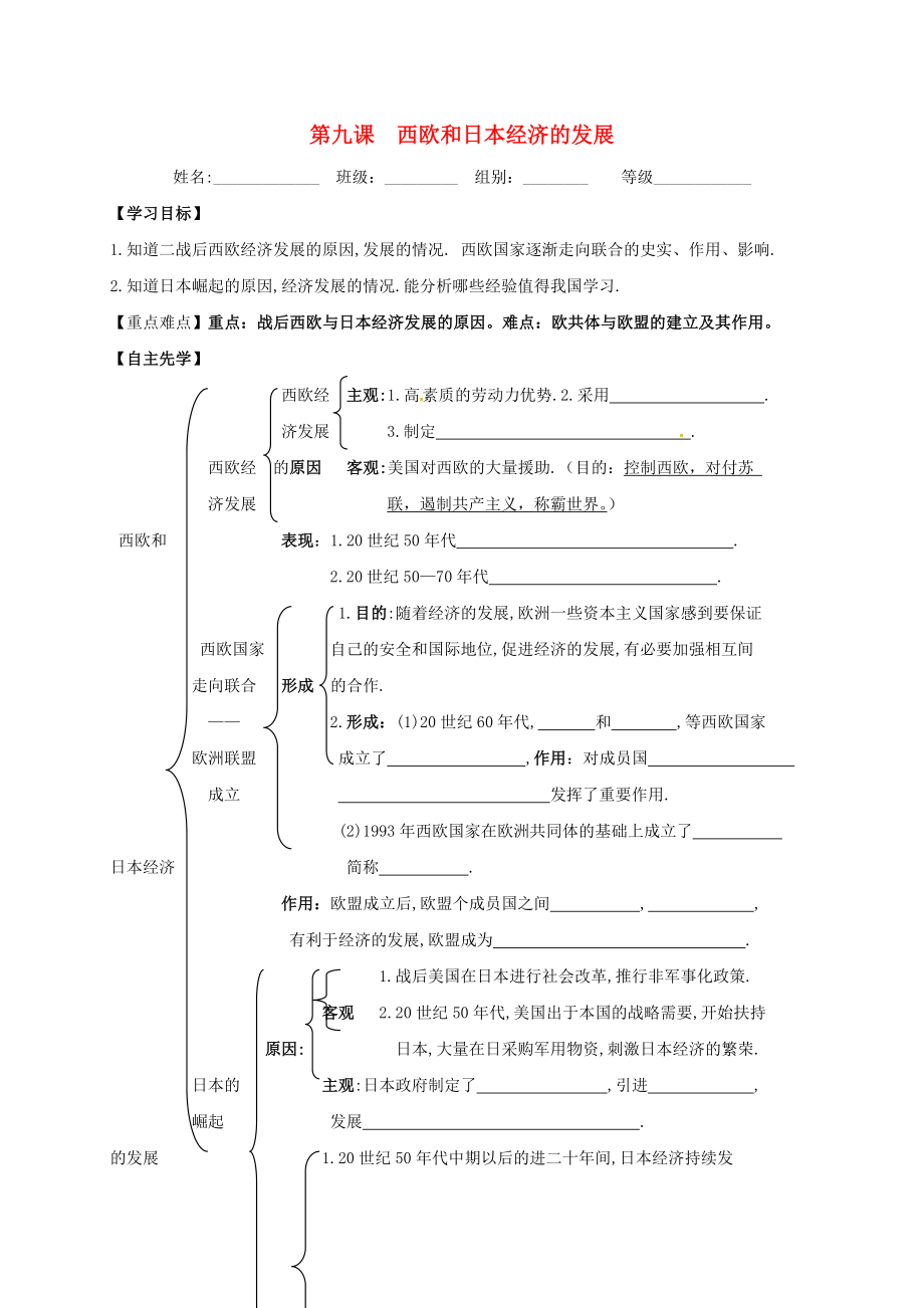 河北省隆化縣九年級歷史下冊 第9課 西歐和日本經(jīng)濟的發(fā)展導(dǎo)學(xué)案（無答案） 新人教版（通用）_第1頁