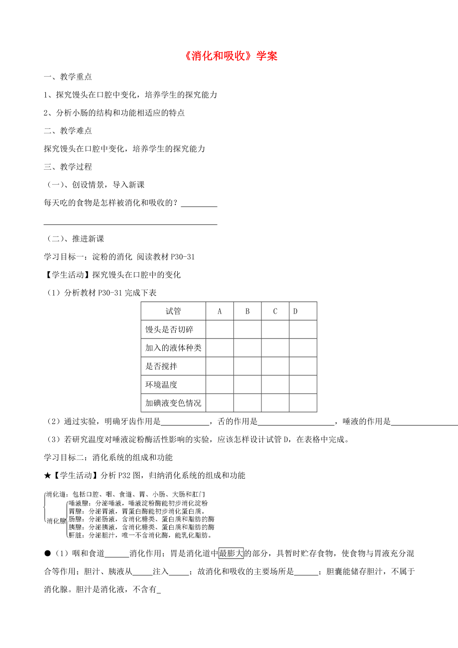 2020年春七年級生物下冊《第三單元 第一章 第二節(jié) 消化和吸收》學案1（無答案） 濟南版_第1頁